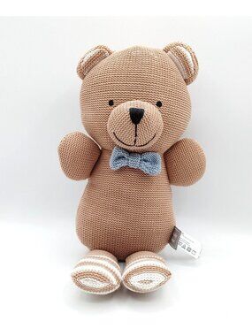 LIVING TEXTILES Brady Bear Knitted Toy Rattle Blue Bow 15" Baby Nursery